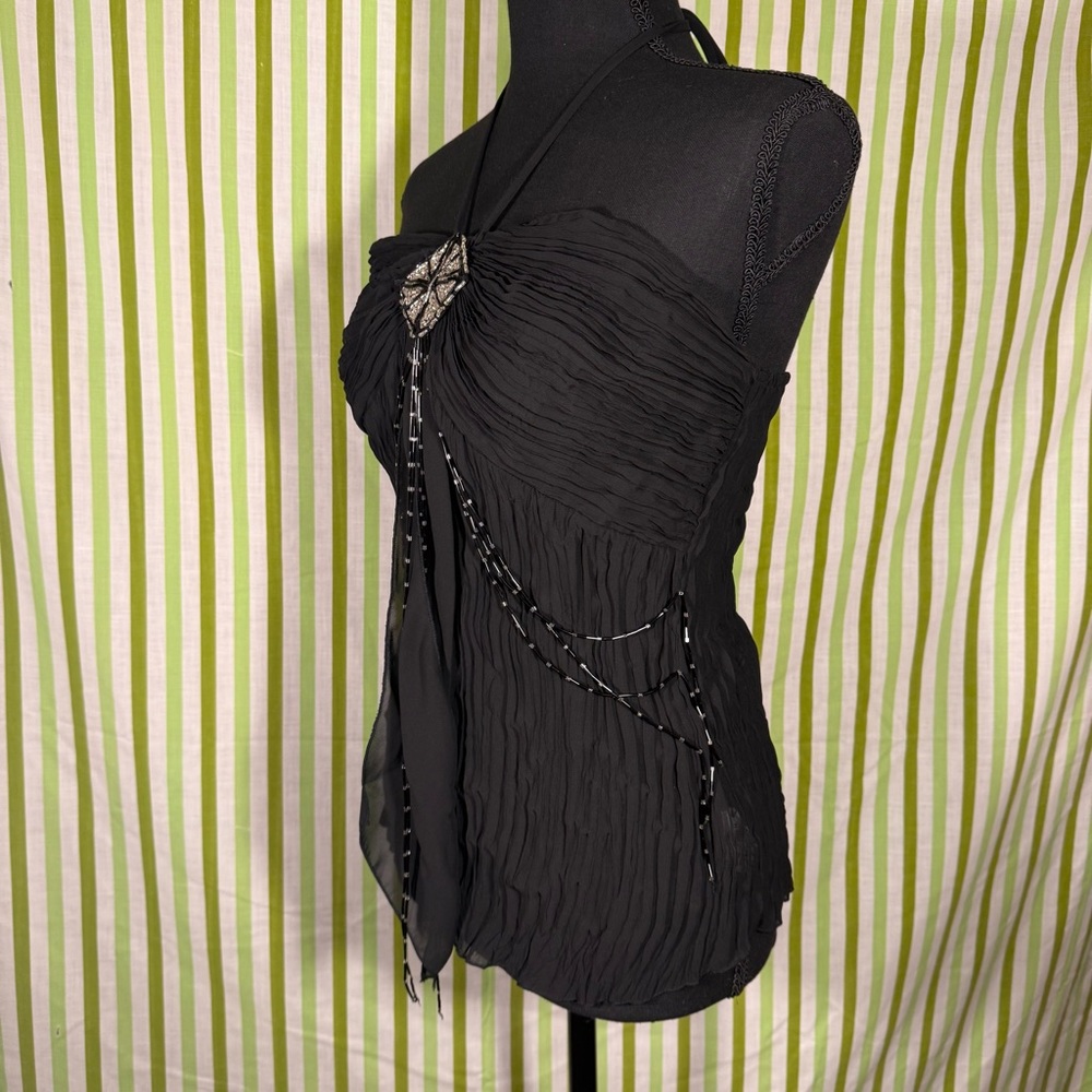 Kaelyn-Max Black Beaded Halter Top, Chiffon Layered Top, Size Medium - Picture 8 of 16